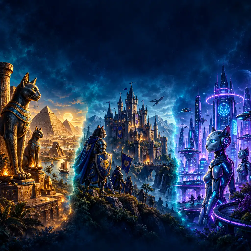 Ilustrace koláže různých epoch od starověku po budoucnost