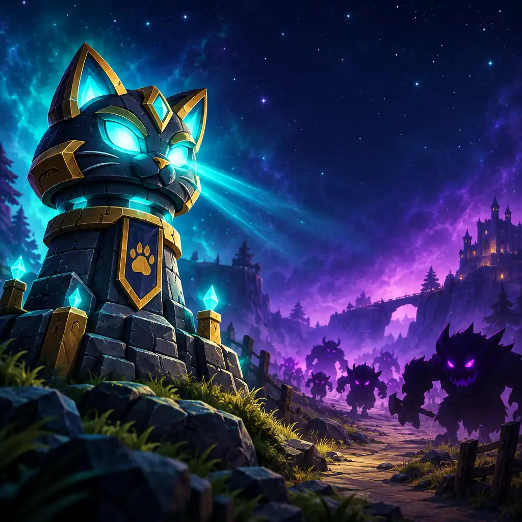 Ilustrace kočičí věže v tower defense hře s noční oblohou a světelnými efekty