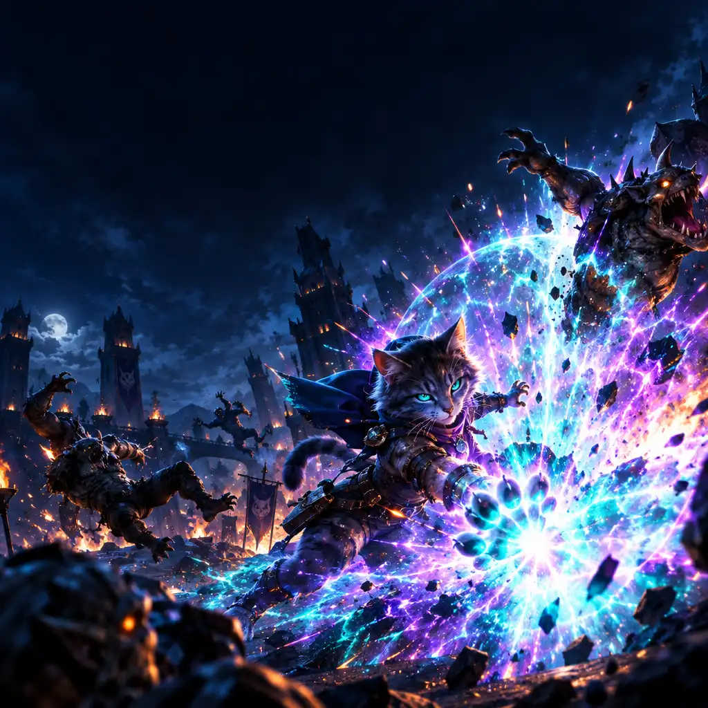 Ilustrace explozivního útoku vyvolaného schopností Meow Awakening